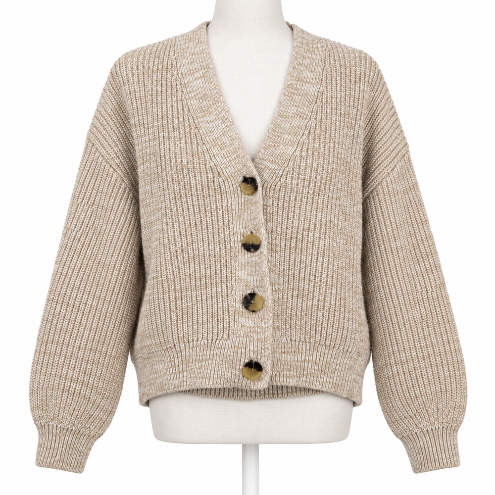100% Cotton Chunky V Neck Button Cardigan Size L Tan Earthy Oversized Preppy